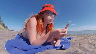 Strawberry Blonde Ginger MILF Smoking Iqos Cigarette in Swimsuit on the Beach