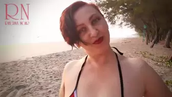 Nice Skank at Lonely Nudist Beach. Red Swimsuit. Red Bikini. Coconut