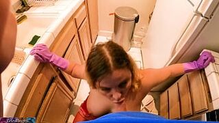 Stepmom in the kitchen helps stepson with his boner