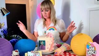 Beautiful Blonde MILF Gets Excited and Messy with her BDay Cake, then Deep Throats her Hand!