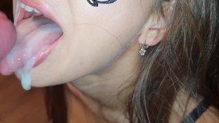 Amazing slobbering blowjob from hot mom with deep throat and eating cum