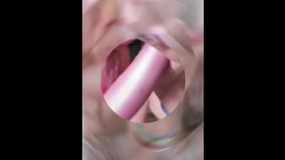 Whore climax all over vibrator toy, blows her own fat sperm!