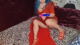 GIANT Squirt Blue Hair Red Heels from Vibrating Dildo