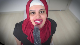 Arab StepMom Wearing Hijab Mounts Dildo.