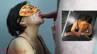 MILF with a red mask licks her husbands huge rod and takes a gigantic cumshot to taste the spunk