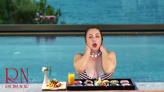 Regina Noir. Titties teasing at swimming pool. Nudist hotel. Nudism outdoors.