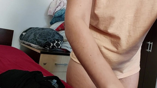 Homemade wifey trying on clothes. hairy cunt, fine brunette, humongous rear-end, attractive clothes, panties, socks, s