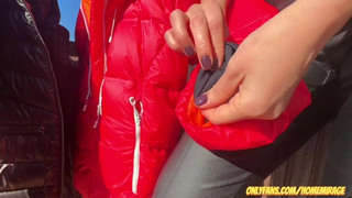 Getting Horny in a Down Jacket and Showing My Breasts in Public