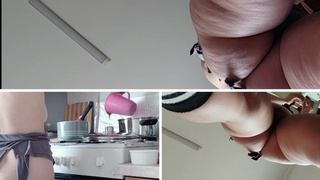 Cute wifey naked preparing food in the kitchen. Brunette hairy vagina, huge bum, large titties.