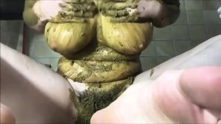 Hairy breasted milf shitting and smearing poop on body