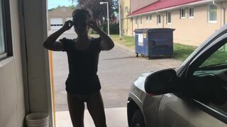 WIFEY IN MINI SKIRT HIGH HEELS FLASHING GREAT REAR-END AT OUTDOOR CARWASH